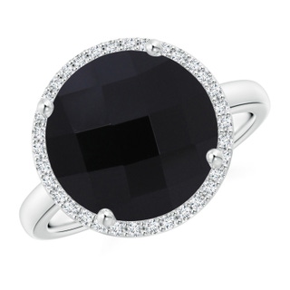 12mm AAA Round Black Onyx Cocktail Ring with Diamond Halo in White Gold
