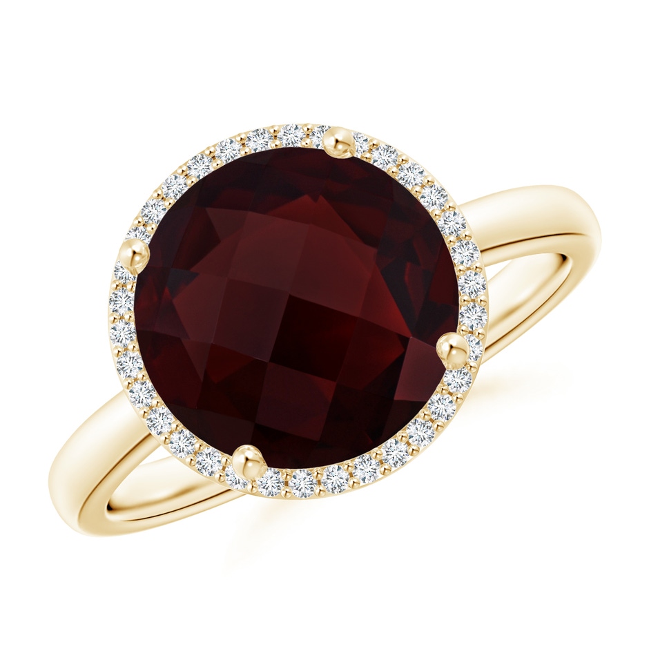 10mm A Round Garnet Cocktail Ring with Diamond Halo in Yellow Gold 