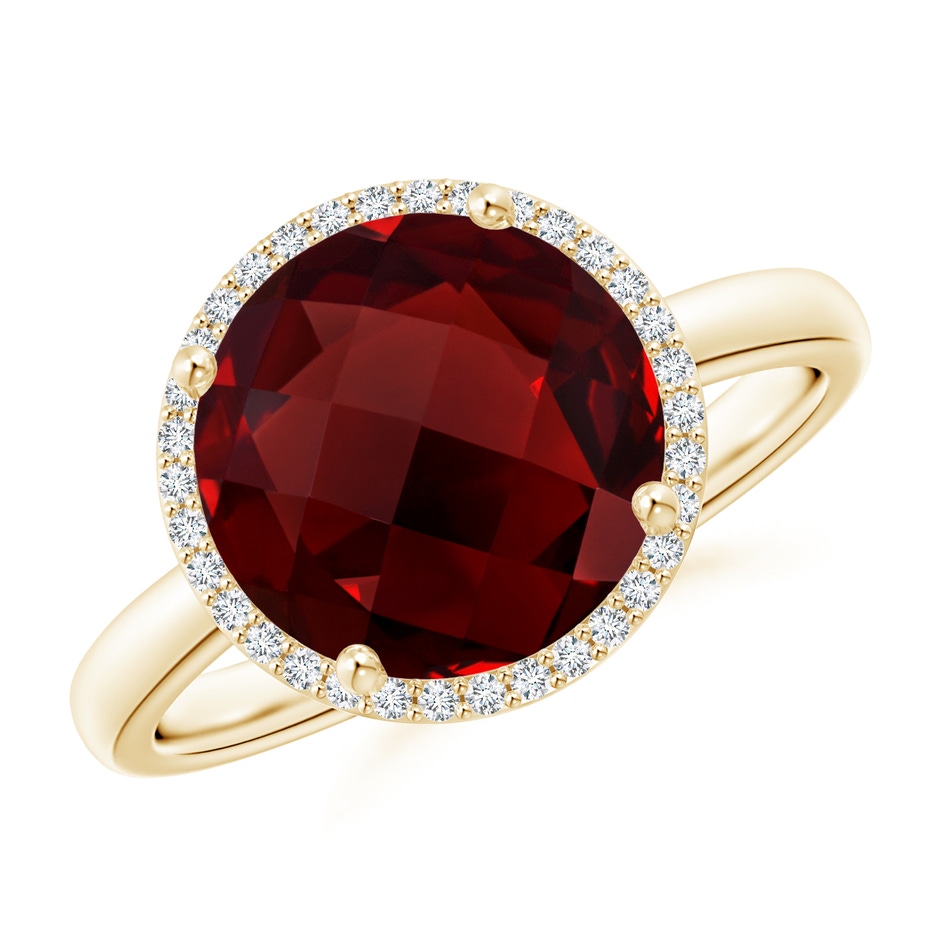 10mm AAAA Round Garnet Cocktail Ring with Diamond Halo in Yellow Gold 