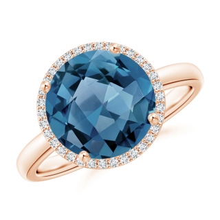 10mm A Round London Blue Topaz Cocktail Ring with Diamond Halo in Rose Gold