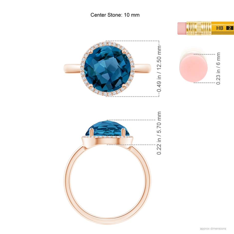 10mm AAA Round London Blue Topaz Cocktail Ring with Diamond Halo in Rose Gold ruler