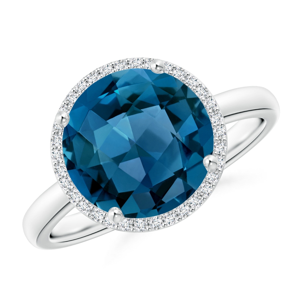 10mm AAA Round London Blue Topaz Cocktail Ring with Diamond Halo in White Gold