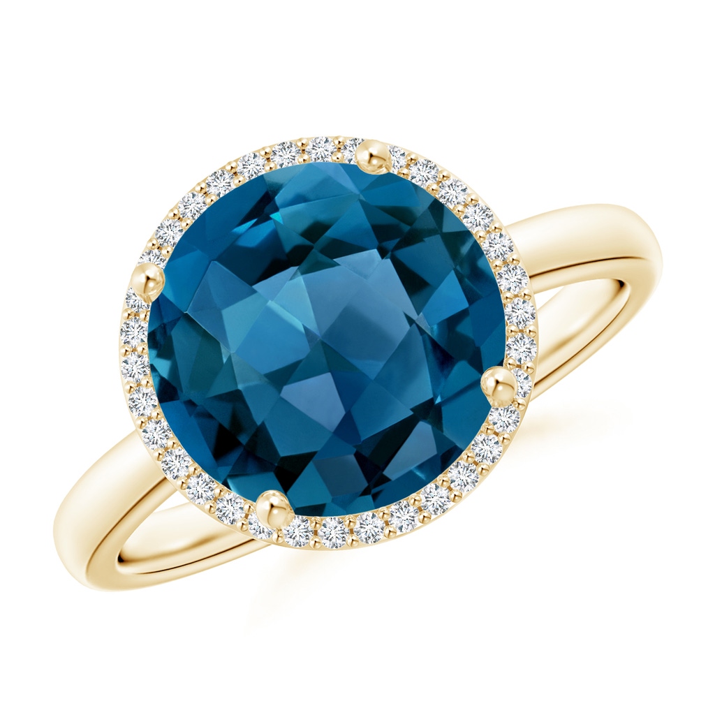 10mm AAA Round London Blue Topaz Cocktail Ring with Diamond Halo in Yellow Gold