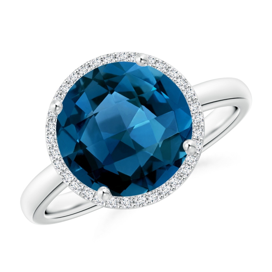 10mm AAAA Round London Blue Topaz Cocktail Ring with Diamond Halo in White Gold 