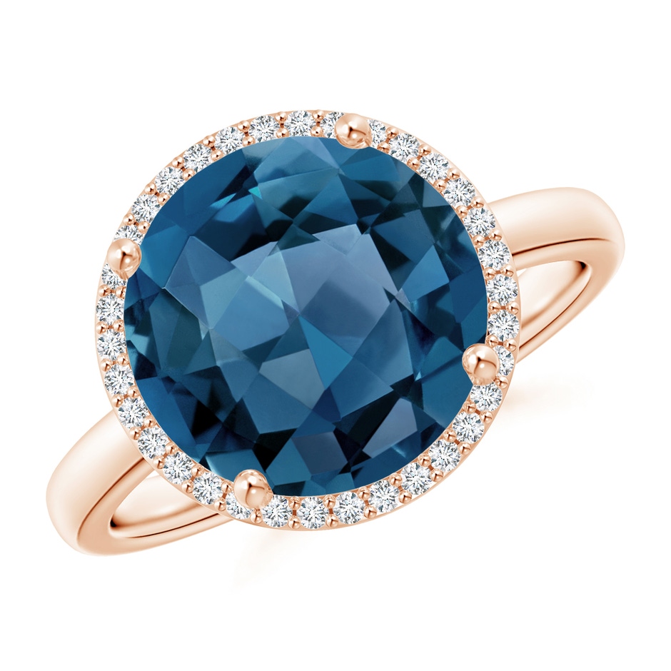 11mm AA Round London Blue Topaz Cocktail Ring with Diamond Halo in Rose Gold 