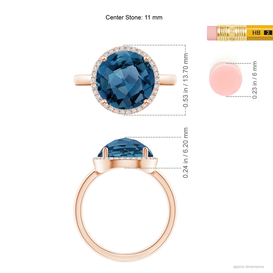 11mm AA Round London Blue Topaz Cocktail Ring with Diamond Halo in Rose Gold ruler