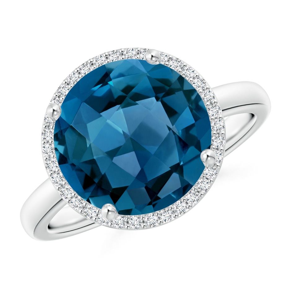 11mm AAA Round London Blue Topaz Cocktail Ring with Diamond Halo in White Gold 