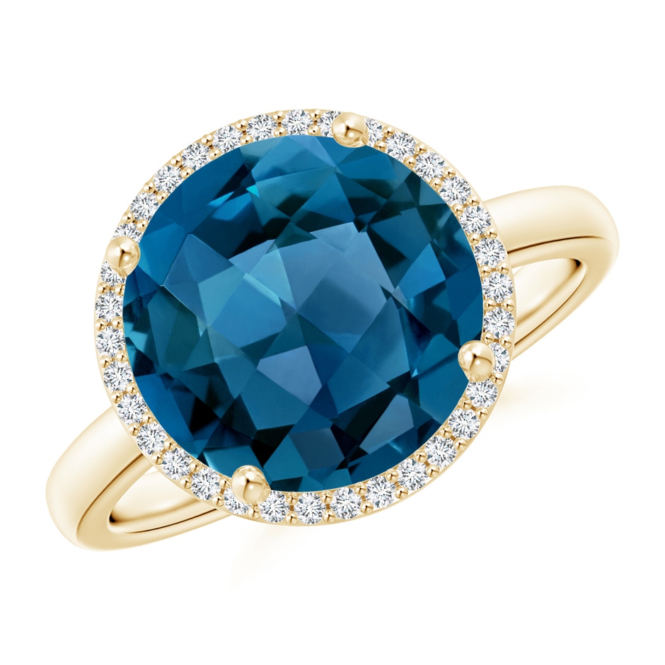 11mm AAA Round London Blue Topaz Cocktail Ring with Diamond Halo in Yellow Gold 