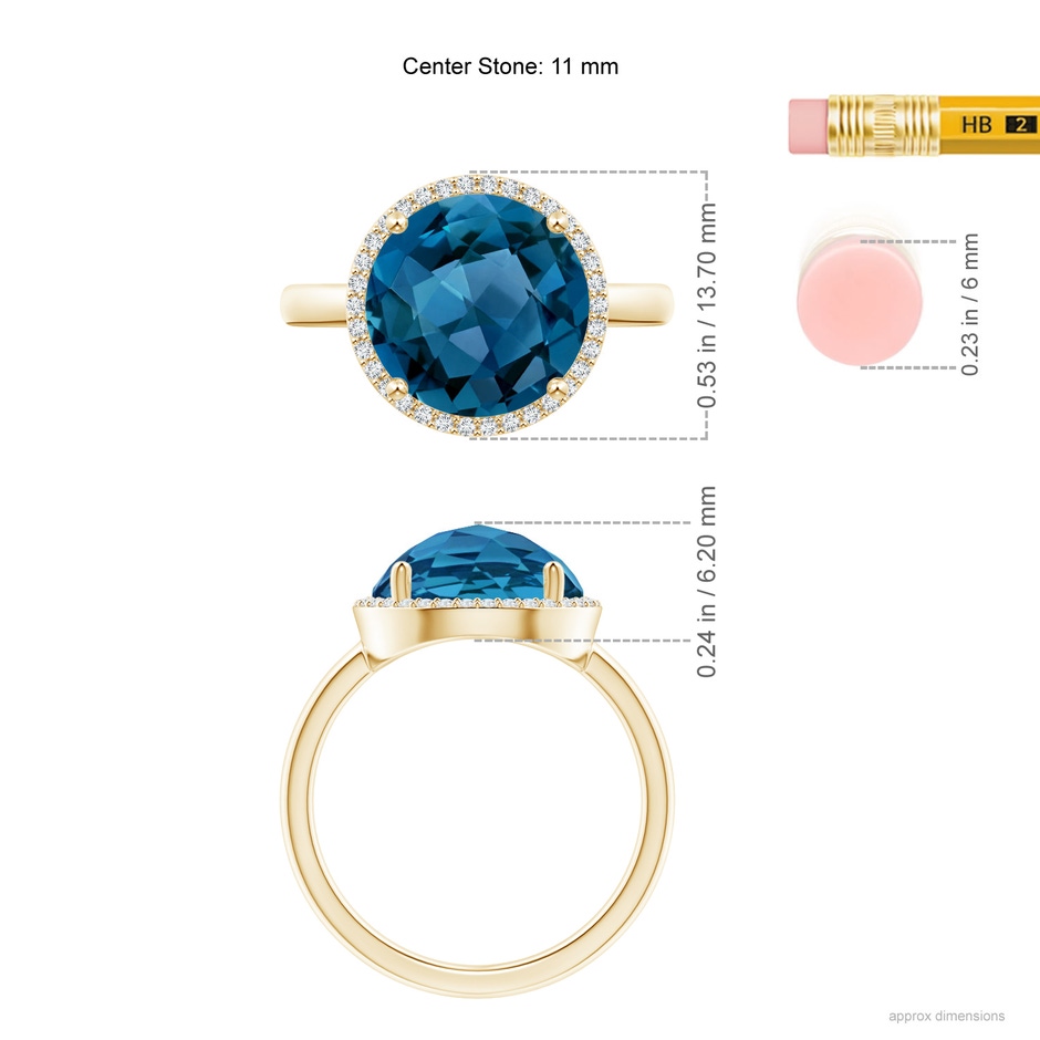 11mm AAA Round London Blue Topaz Cocktail Ring with Diamond Halo in Yellow Gold ruler