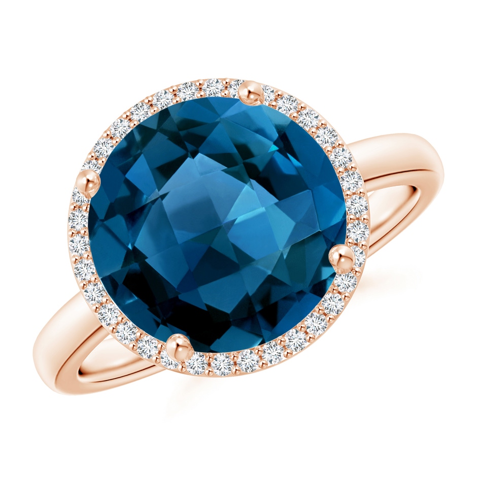 11mm AAAA Round London Blue Topaz Cocktail Ring with Diamond Halo in Rose Gold 