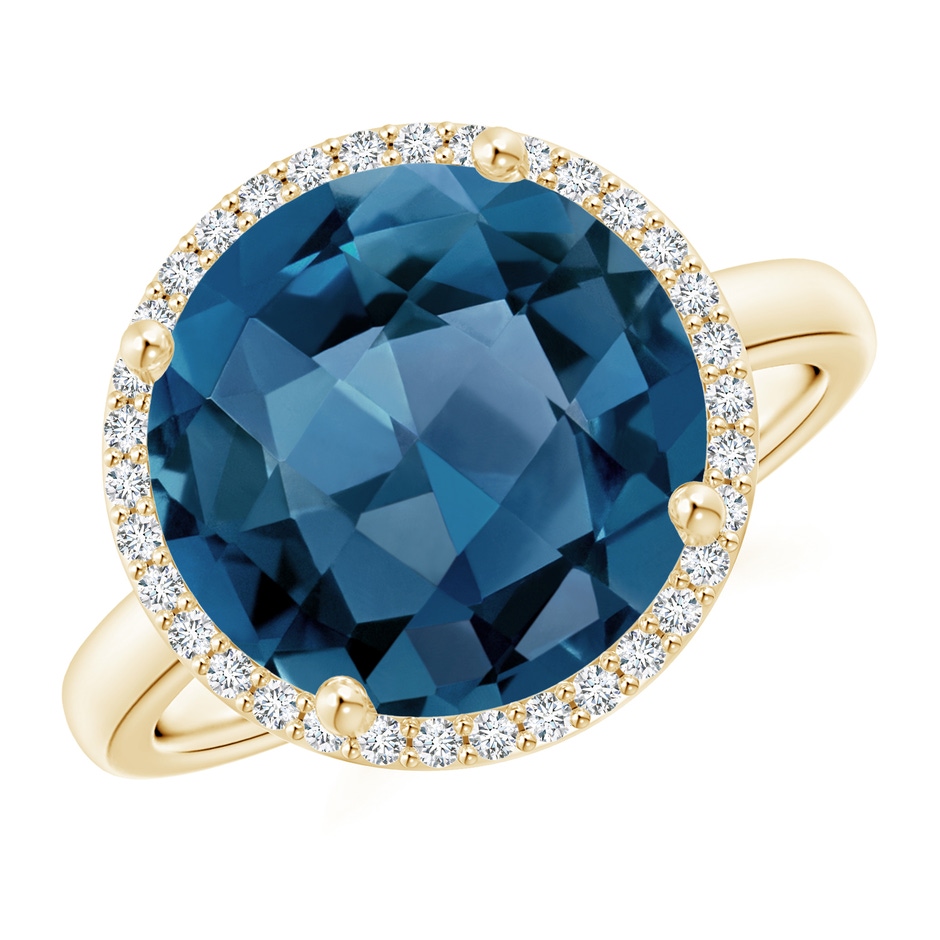 12mm AA Round London Blue Topaz Cocktail Ring with Diamond Halo in 9K Yellow Gold 