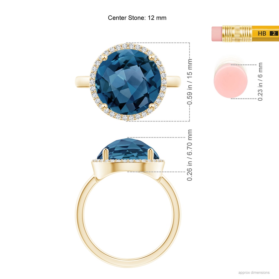 12mm AA Round London Blue Topaz Cocktail Ring with Diamond Halo in 9K Yellow Gold ruler