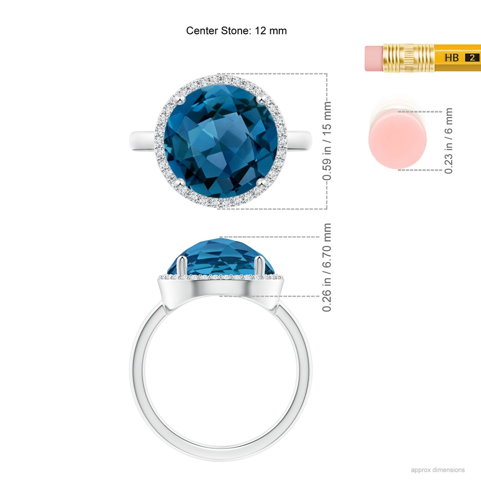 12mm AAA Round London Blue Topaz Cocktail Ring with Diamond Halo in White Gold ruler