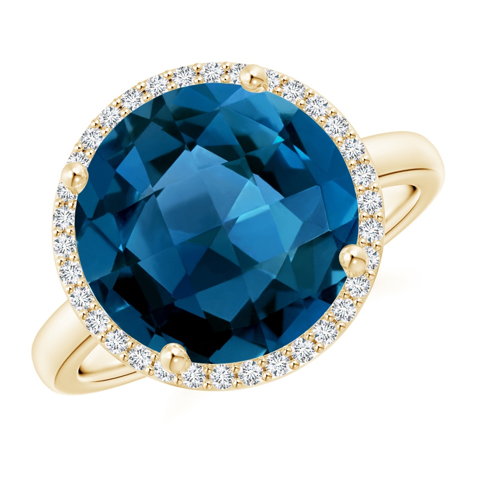12mm AAAA Round London Blue Topaz Cocktail Ring with Diamond Halo in Yellow Gold 