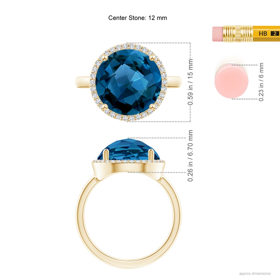 12mm AAAA Round London Blue Topaz Cocktail Ring with Diamond Halo in Yellow Gold ruler