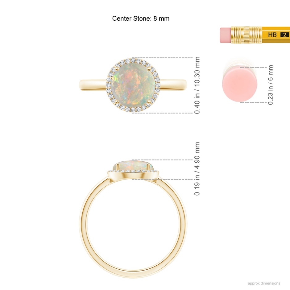 8mm AAAA Round Opal Cocktail Ring with Diamond Halo in 9K Yellow Gold ruler