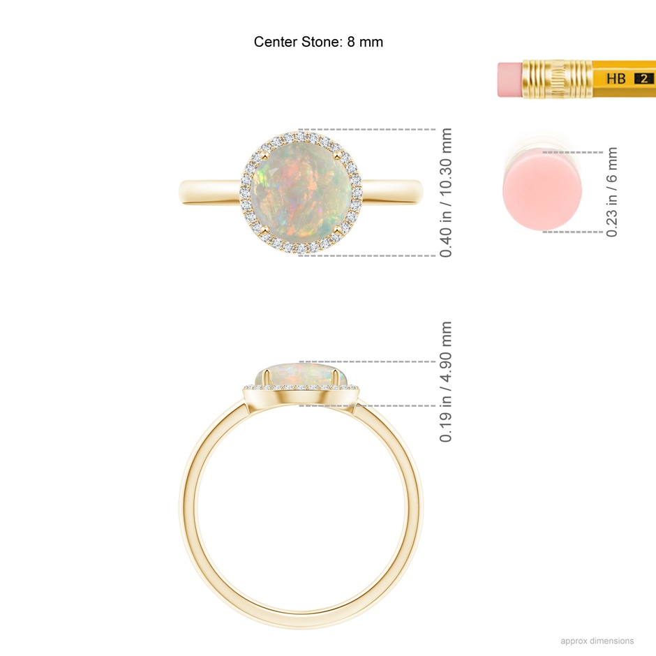 8mm AAAA Round Opal Cocktail Ring with Diamond Halo in Yellow Gold ruler