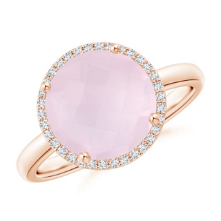 10mm A Round Rose Quartz Cocktail Ring with Diamond Halo in Rose Gold