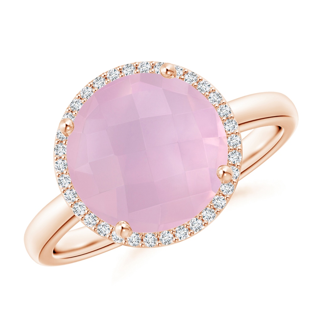 10mm AAAA Round Rose Quartz Cocktail Ring with Diamond Halo in Rose Gold