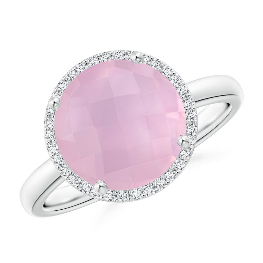 10mm AAAA Round Rose Quartz Cocktail Ring with Diamond Halo in White Gold