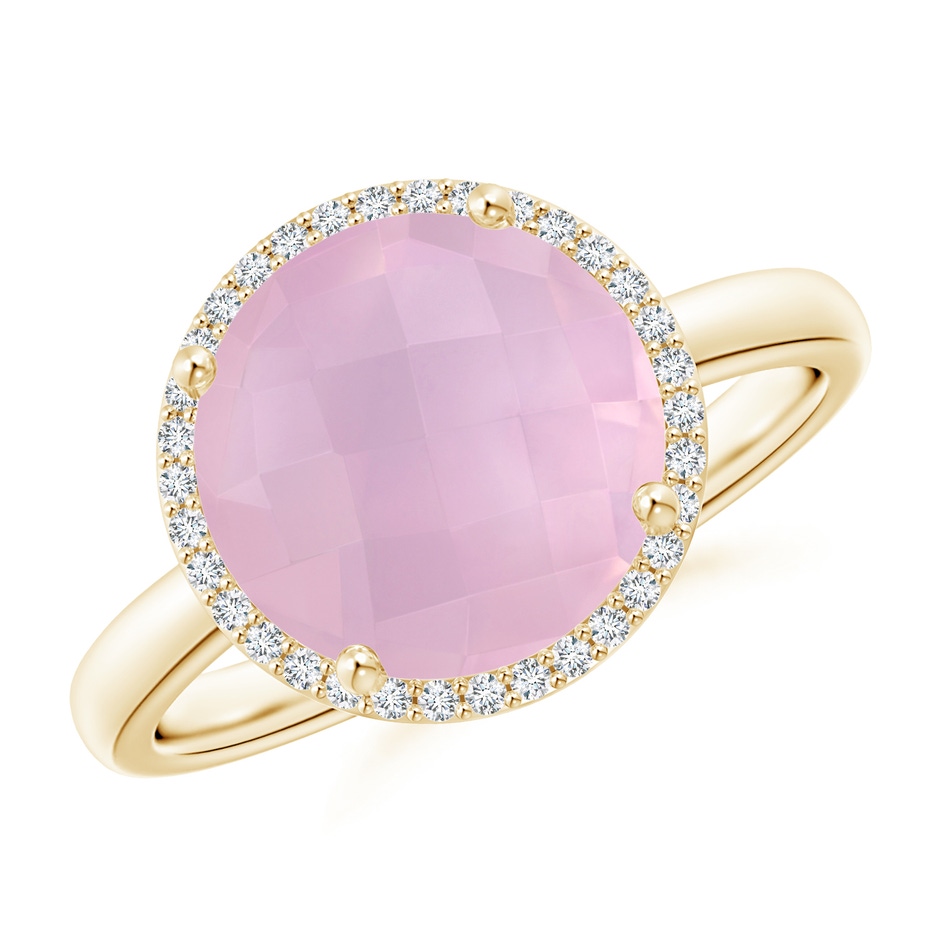 10mm AAAA Round Rose Quartz Cocktail Ring with Diamond Halo in Yellow Gold 