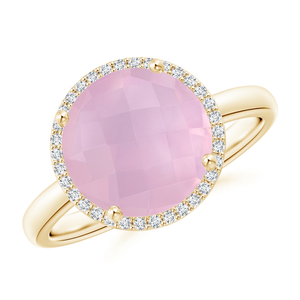 10mm AAAA Round Rose Quartz Cocktail Ring with Diamond Halo in Yellow Gold