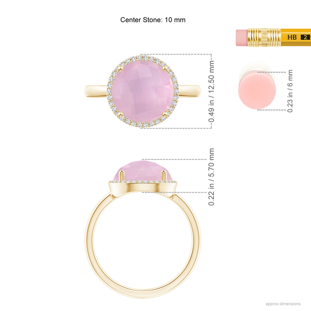 10mm AAAA Round Rose Quartz Cocktail Ring with Diamond Halo in Yellow Gold Ruler
