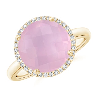 11mm AAAA Round Rose Quartz Cocktail Ring with Diamond Halo in Yellow Gold