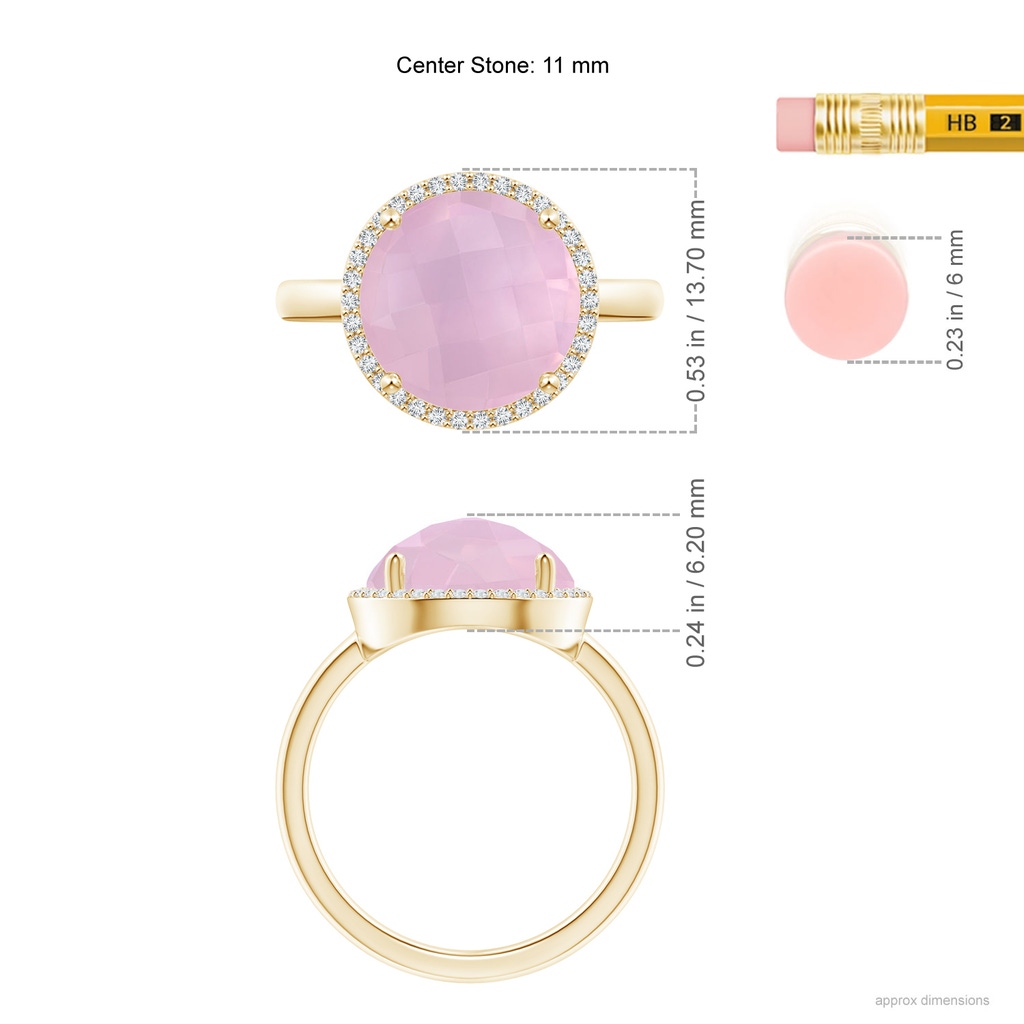 11mm AAAA Round Rose Quartz Cocktail Ring with Diamond Halo in Yellow Gold Ruler