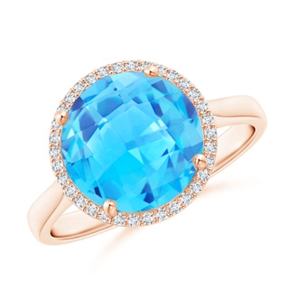 10mm AAA Round Swiss Blue Topaz Cocktail Ring with Diamond Halo in Rose Gold