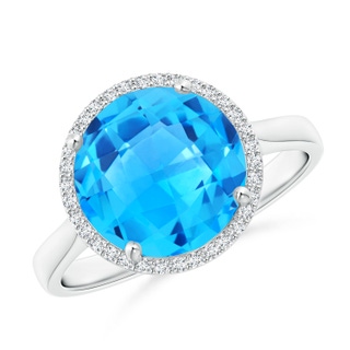 10mm AAAA Round Swiss Blue Topaz Cocktail Ring with Diamond Halo in White Gold