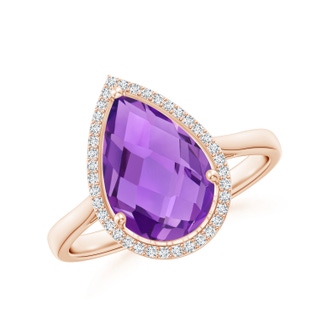 12x8mm AAA Pear-Shaped Amethyst Cocktail Ring with Diamond Halo in Rose Gold