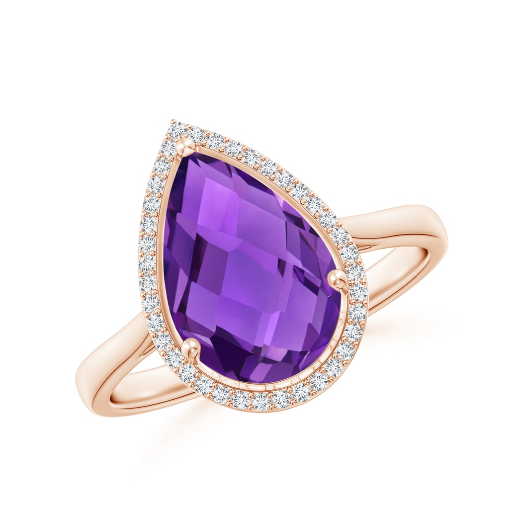 12x8mm AAAA Pear-Shaped Amethyst Cocktail Ring with Diamond Halo in Rose Gold