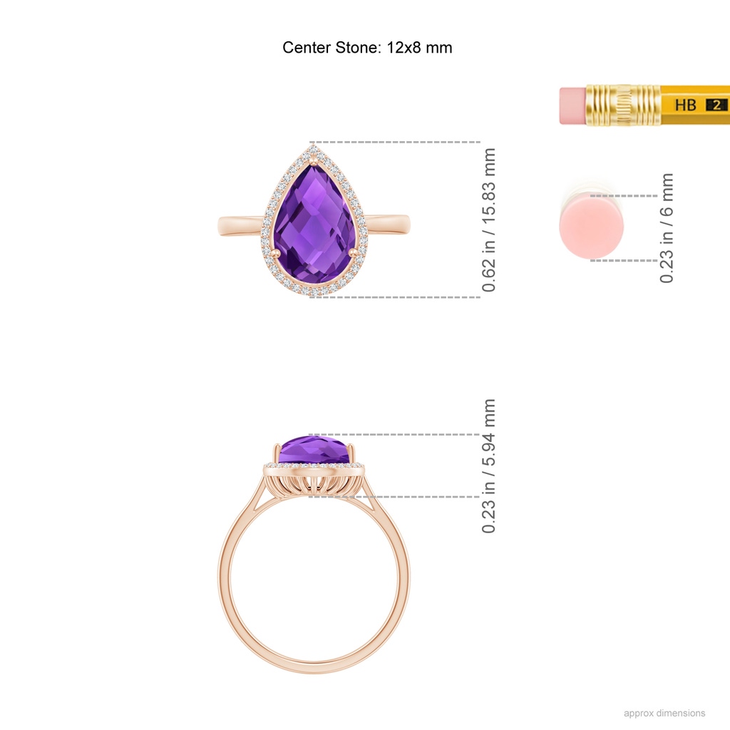 12x8mm AAAA Pear-Shaped Amethyst Cocktail Ring with Diamond Halo in Rose Gold Ruler