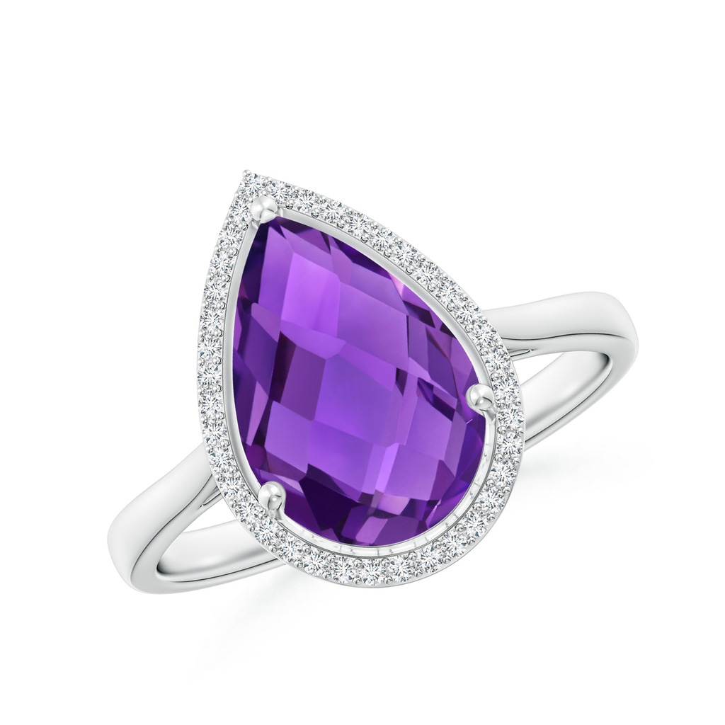 12x8mm AAAA Pear-Shaped Amethyst Cocktail Ring with Diamond Halo in White Gold