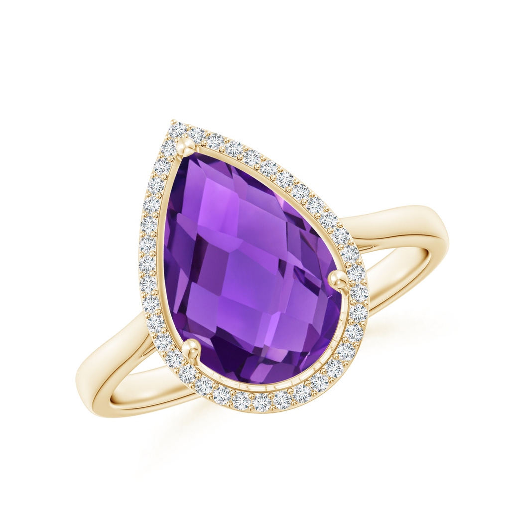12x8mm AAAA Pear-Shaped Amethyst Cocktail Ring with Diamond Halo in Yellow Gold
