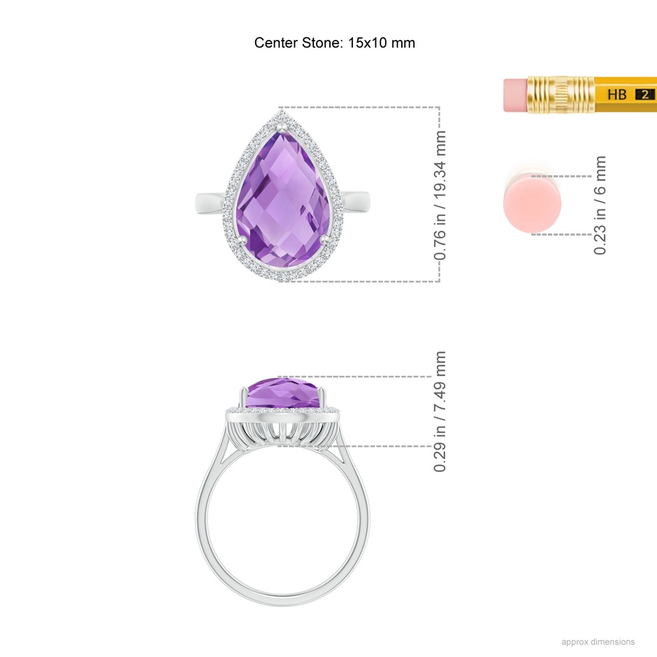 15x10mm A Pear-Shaped Amethyst Cocktail Ring with Diamond Halo in White Gold ruler