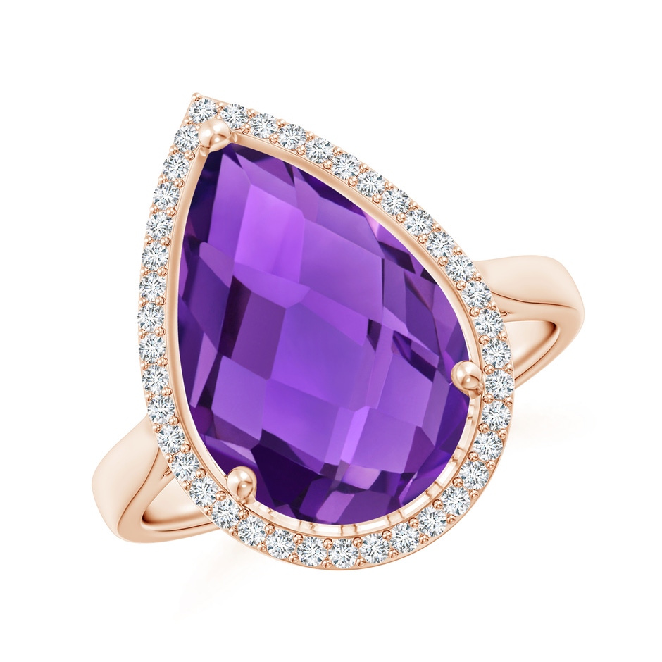 15x10mm AAAA Pear-Shaped Amethyst Cocktail Ring with Diamond Halo in Rose Gold 