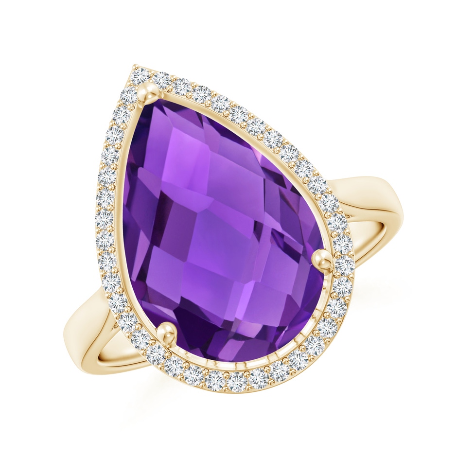 15x10mm AAAA Pear-Shaped Amethyst Cocktail Ring with Diamond Halo in Yellow Gold 