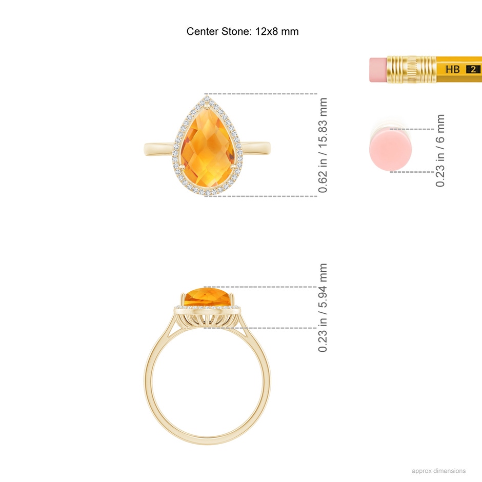 12x8mm AA Pear-Shaped Citrine Cocktail Ring with Diamond Halo in Yellow Gold ruler