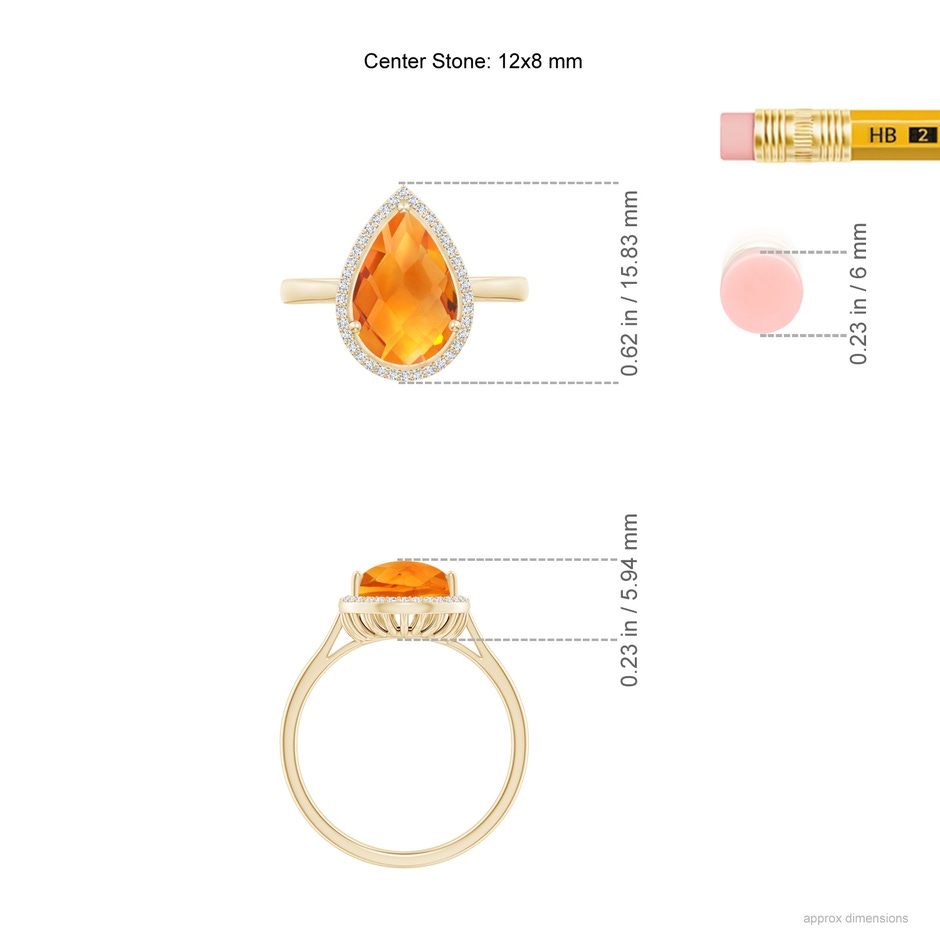 12x8mm AAA Pear-Shaped Citrine Cocktail Ring with Diamond Halo in Yellow Gold ruler