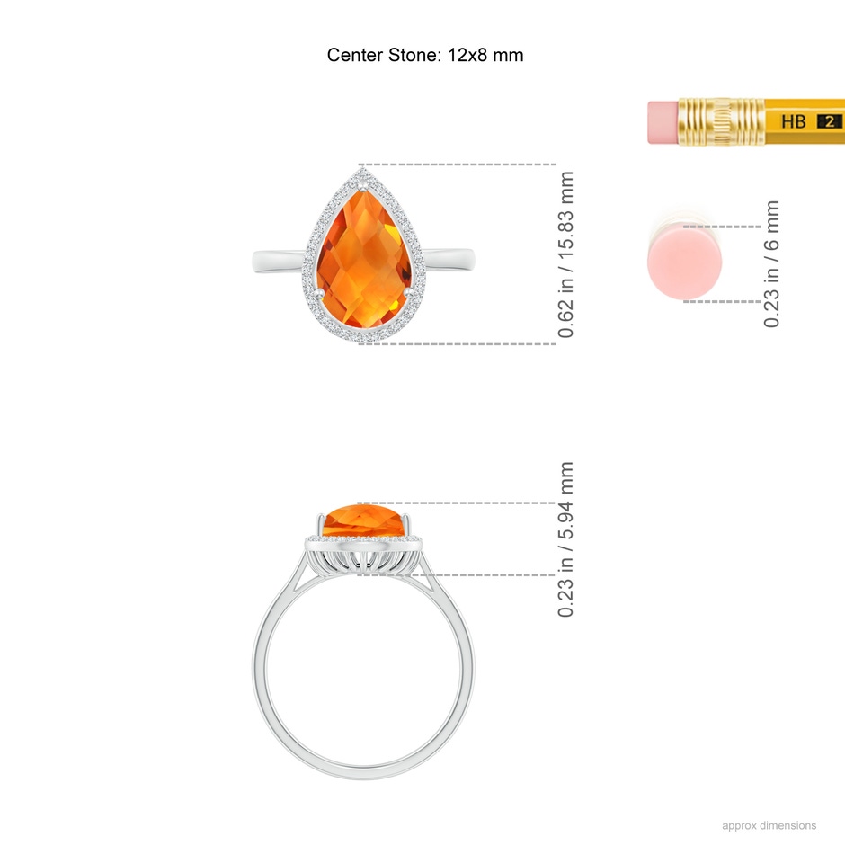12x8mm AAAA Pear-Shaped Citrine Cocktail Ring with Diamond Halo in White Gold ruler