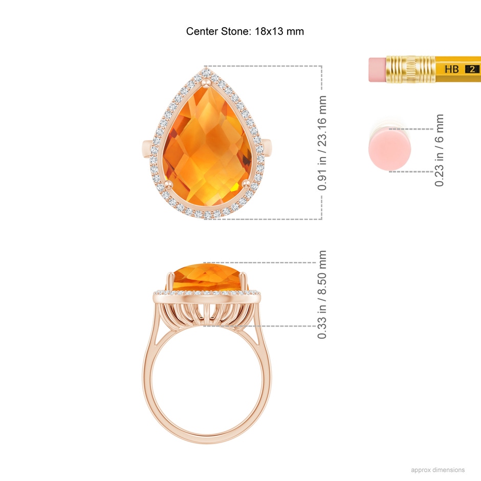 18x13mm AAA Pear-Shaped Citrine Cocktail Ring with Diamond Halo in Rose Gold ruler