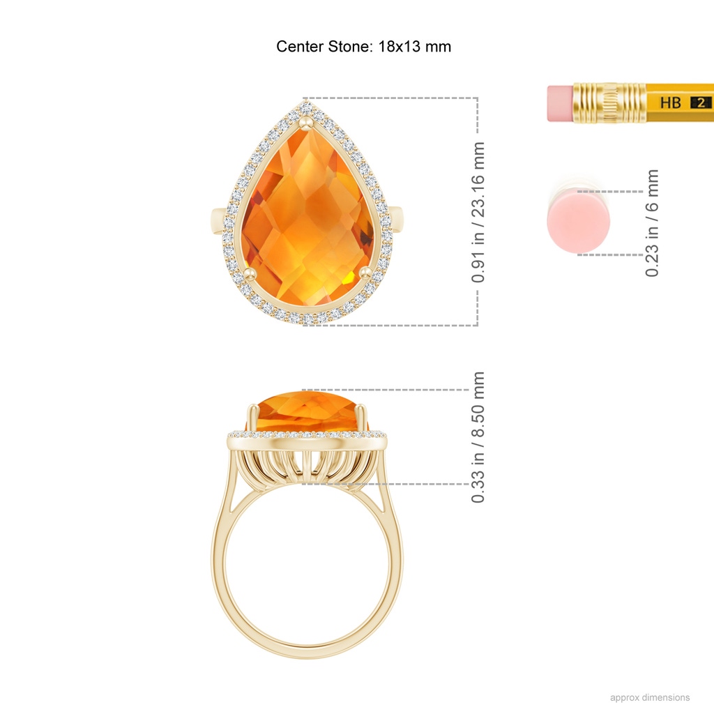 18x13mm AAA Pear-Shaped Citrine Cocktail Ring with Diamond Halo in Yellow Gold Ruler
