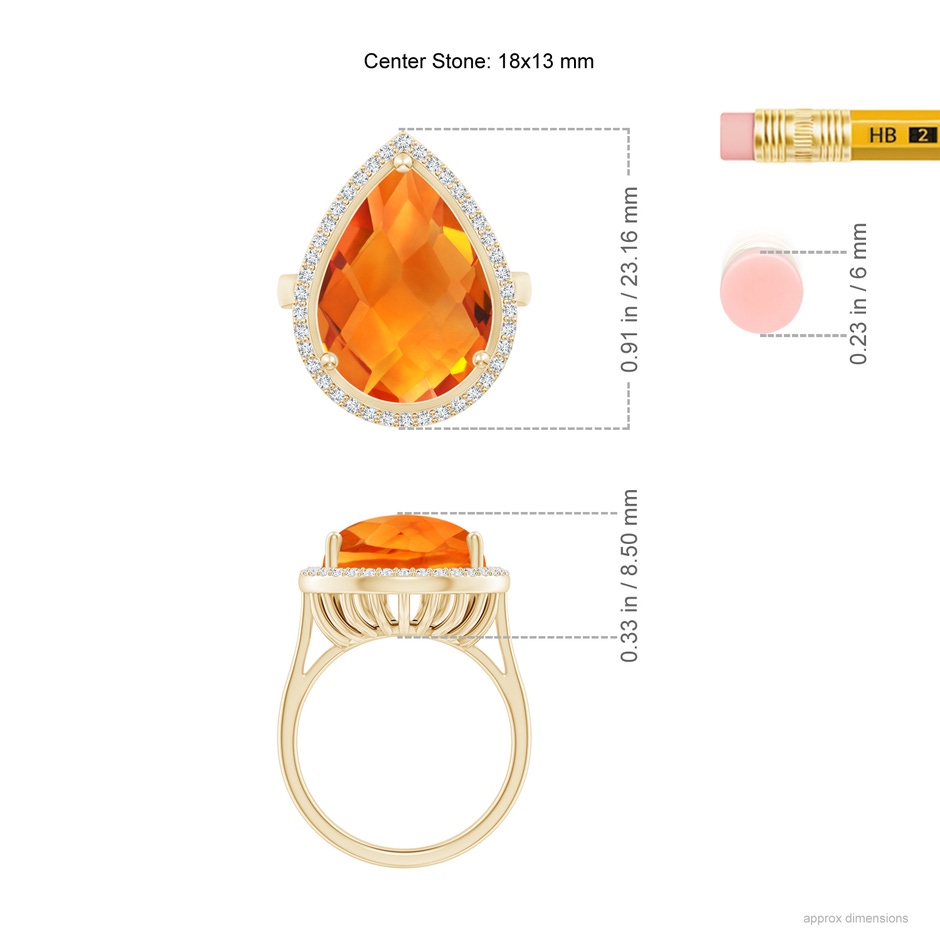 18x13mm AAAA Pear-Shaped Citrine Cocktail Ring with Diamond Halo in Yellow Gold ruler