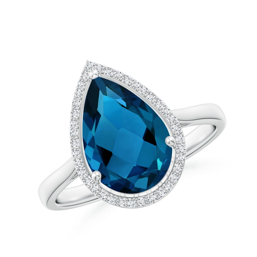 12x8mm AAAA Pear-Shaped London Blue Topaz Cocktail Ring with Diamond Halo in White Gold