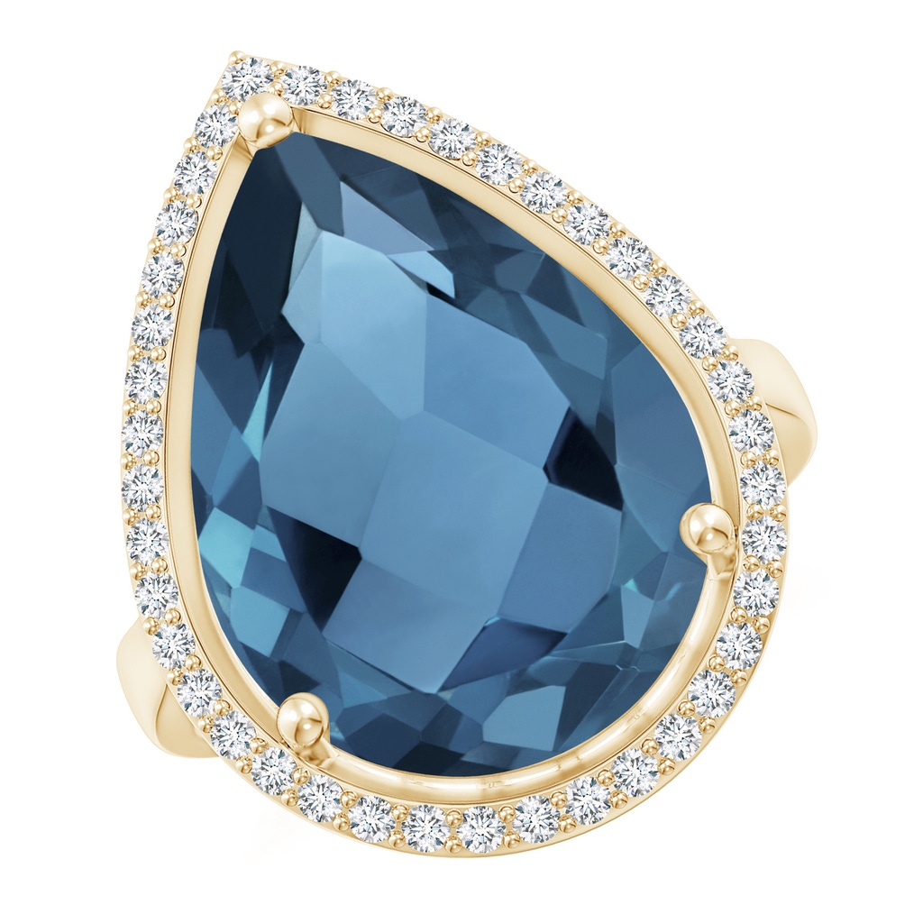 18x13mm A Pear-Shaped London Blue Topaz Cocktail Ring with Diamond Halo in Yellow Gold 
