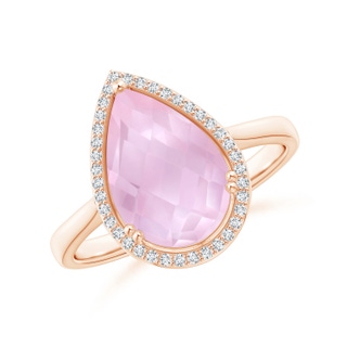 12x8mm AAAA Pear-Shaped Rose Quartz Cocktail Ring with Diamond Halo in Rose Gold