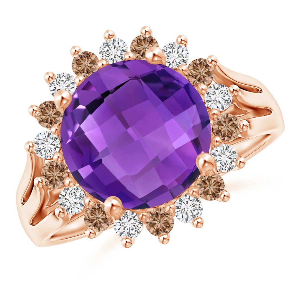 10mm AAA Round Amethyst Triple Split Shank Ring with Alternating Halo in Rose Gold