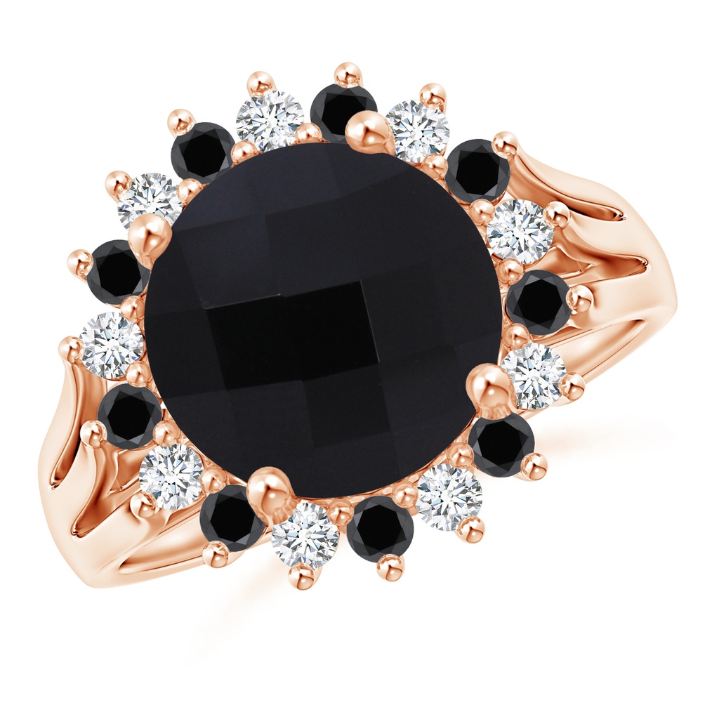 10mm AAA Black Onyx Triple Split Shank Ring with Alternating Halo in Rose Gold